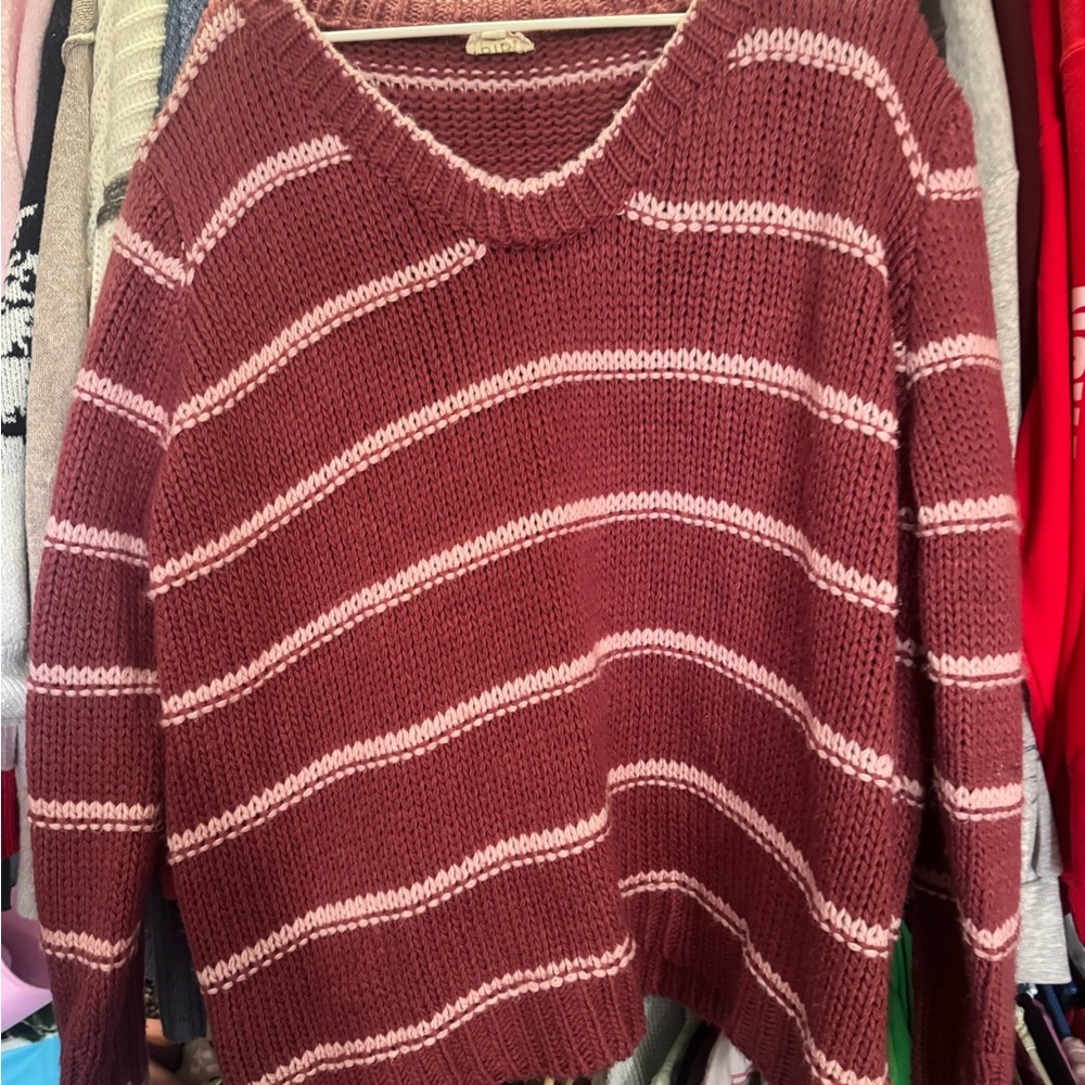 BiBi Burgundy and Pink V-Neck Sweater